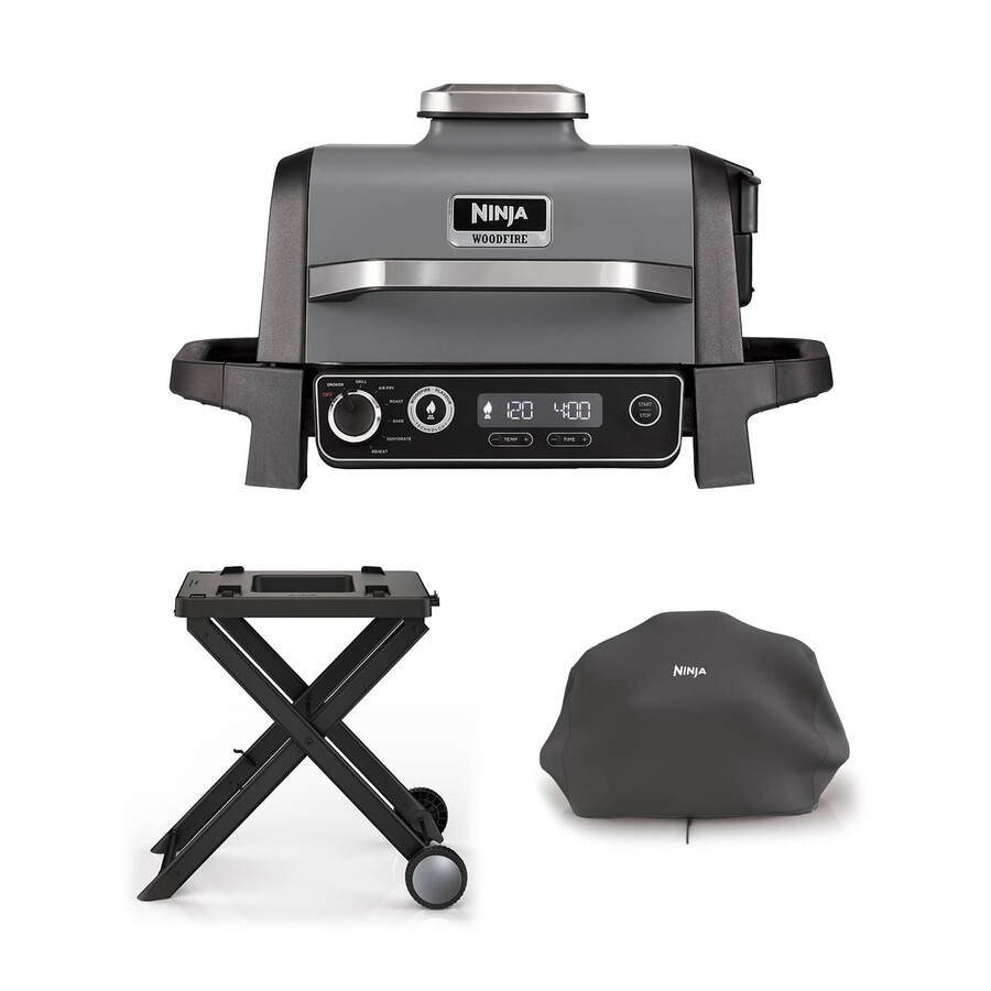 parrilla y ahumador eléctrico ninja woodfire con soporte y tapa